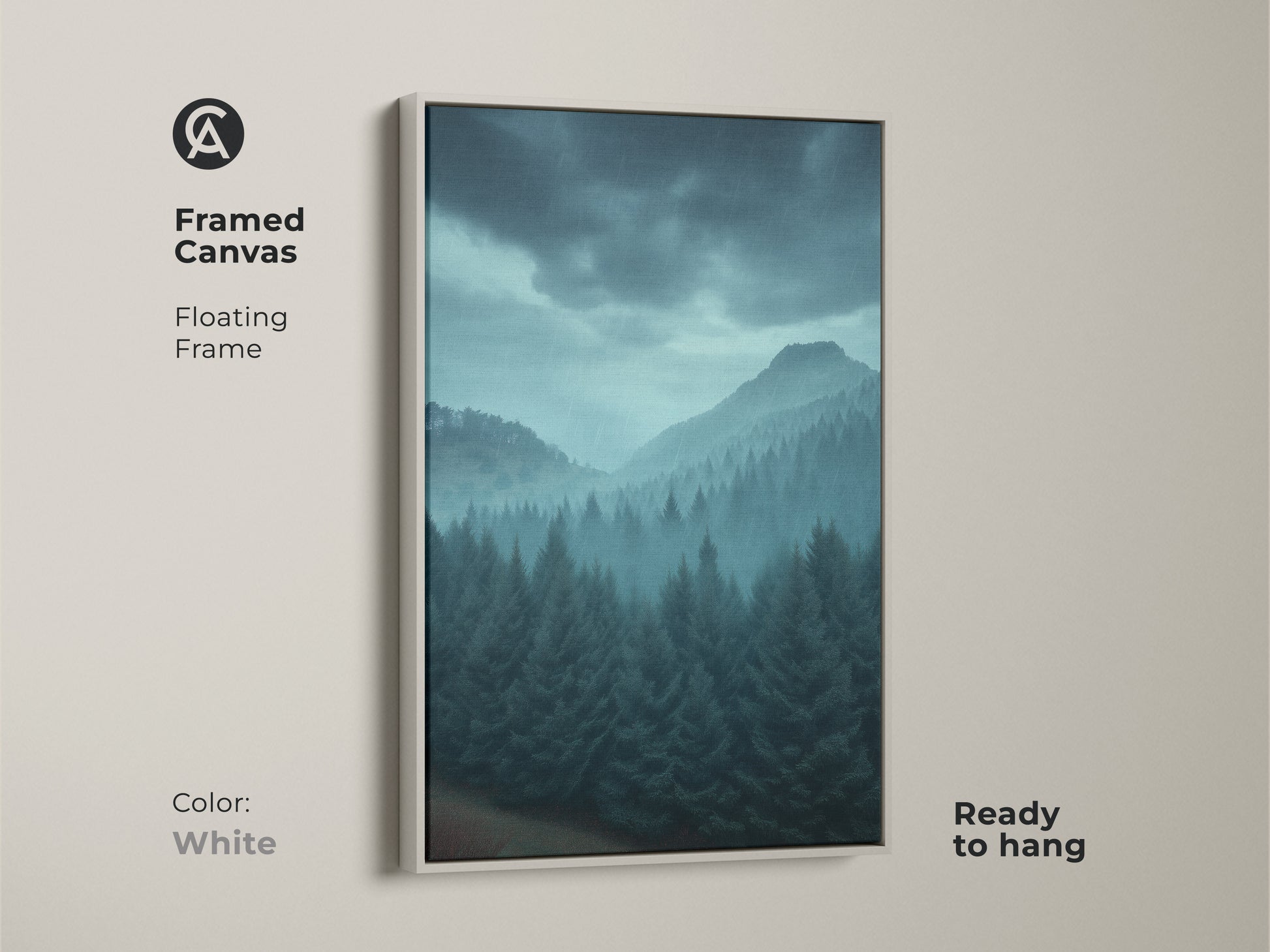 White framed canvas of a misty blue mountain landscape. This pine forest art is ready to hang. The floating frame adds elegance to this nature inspired wall decor. Perfect for a serene space.