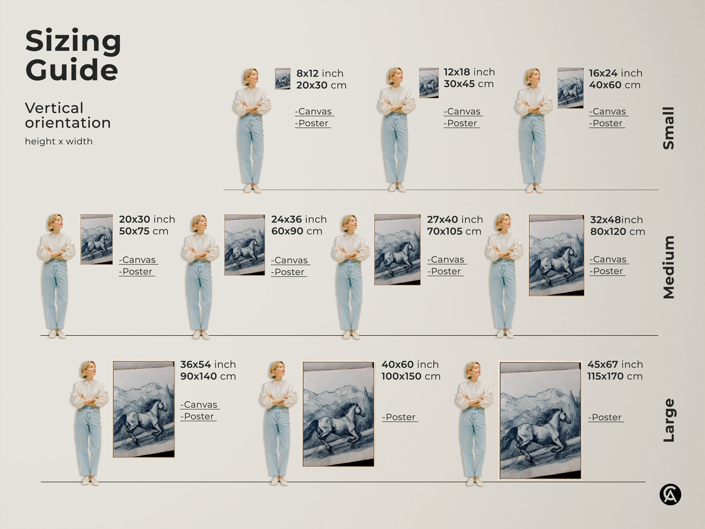 Sizing guide for horse line art. The vertical orientation is available in small medium and large. This equestrian artwork features a rustic horse. Indigo and white colors create a nature-inspired scene. Ideal as an animal landscape print. Perfect for adding charm to any room.