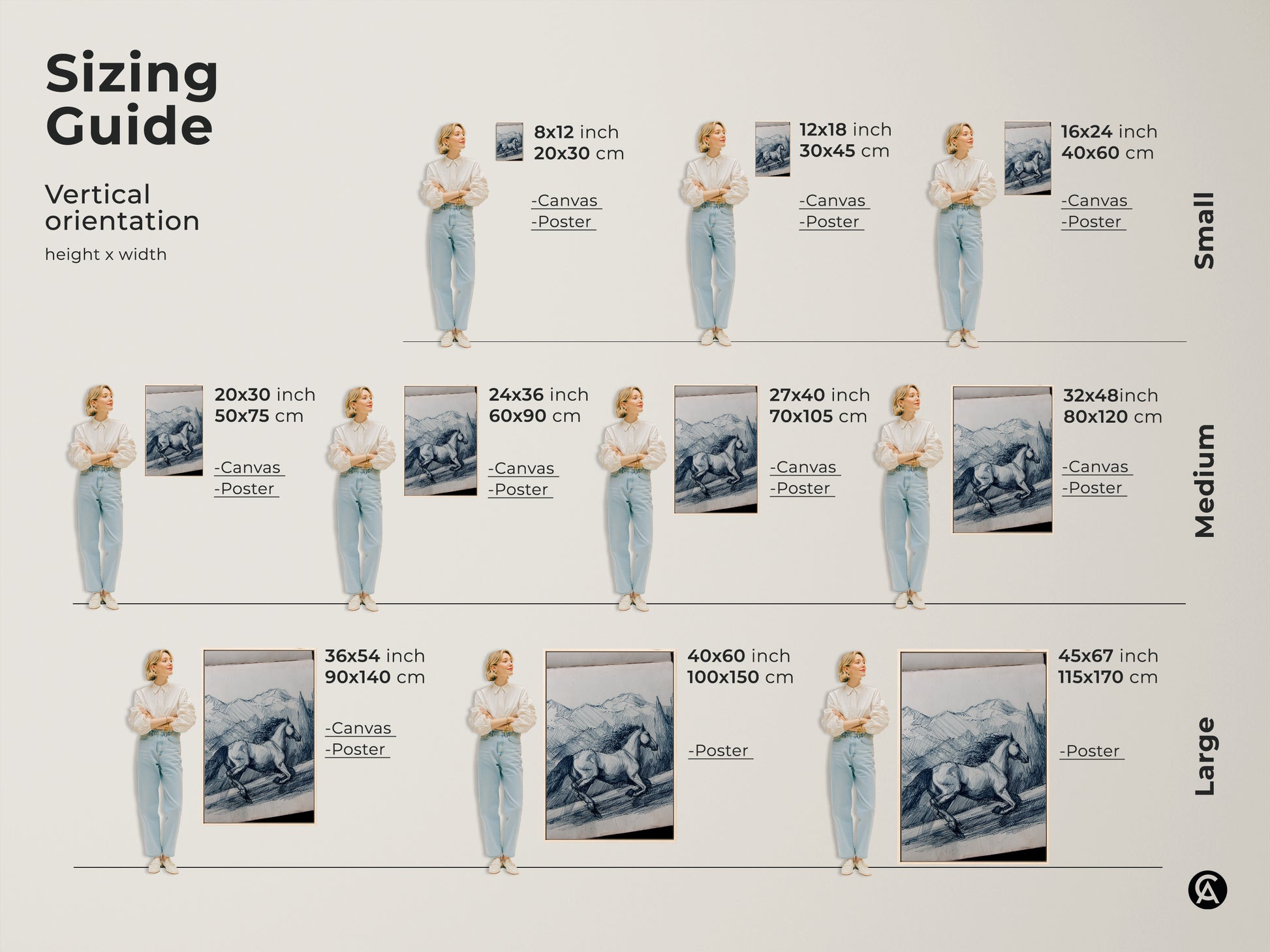 Sizing guide for horse line art. The vertical orientation is available in small medium and large. This equestrian artwork features a rustic horse. Indigo and white colors create a nature-inspired scene. Ideal as an animal landscape print. Perfect for adding charm to any room.