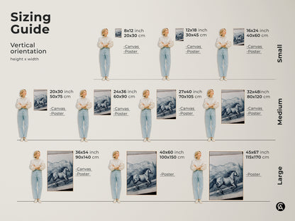 Sizing guide for horse line art. The vertical orientation is available in small medium and large. This equestrian artwork features a rustic horse. Indigo and white colors create a nature-inspired scene. Ideal as an animal landscape print. Perfect for adding charm to any room.