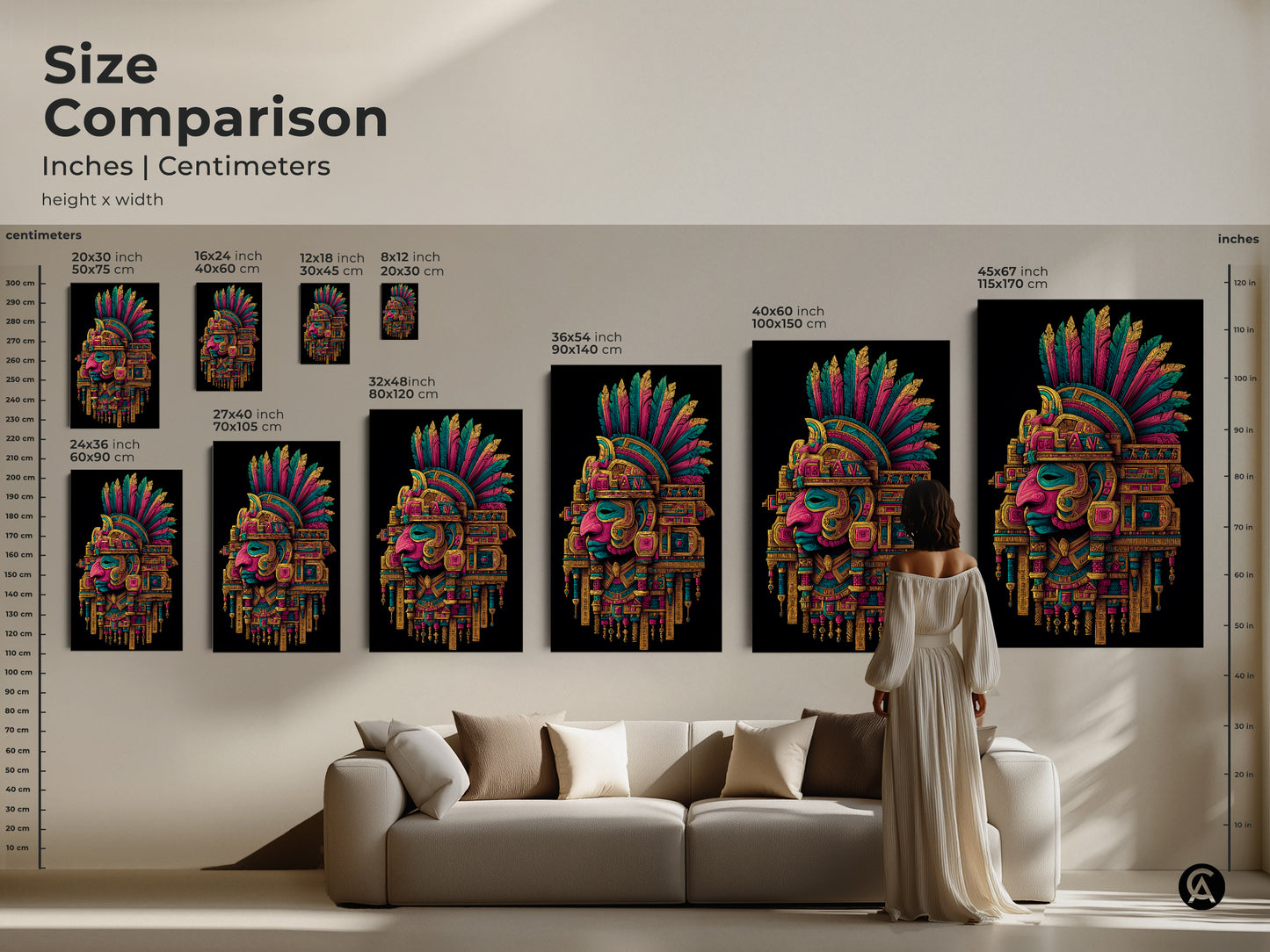Size comparison of Aztec Headdress artwork. Visualize different sizes in inches and centimeters. Perfect for any room. Find the ideal size to complement your decor. Order now