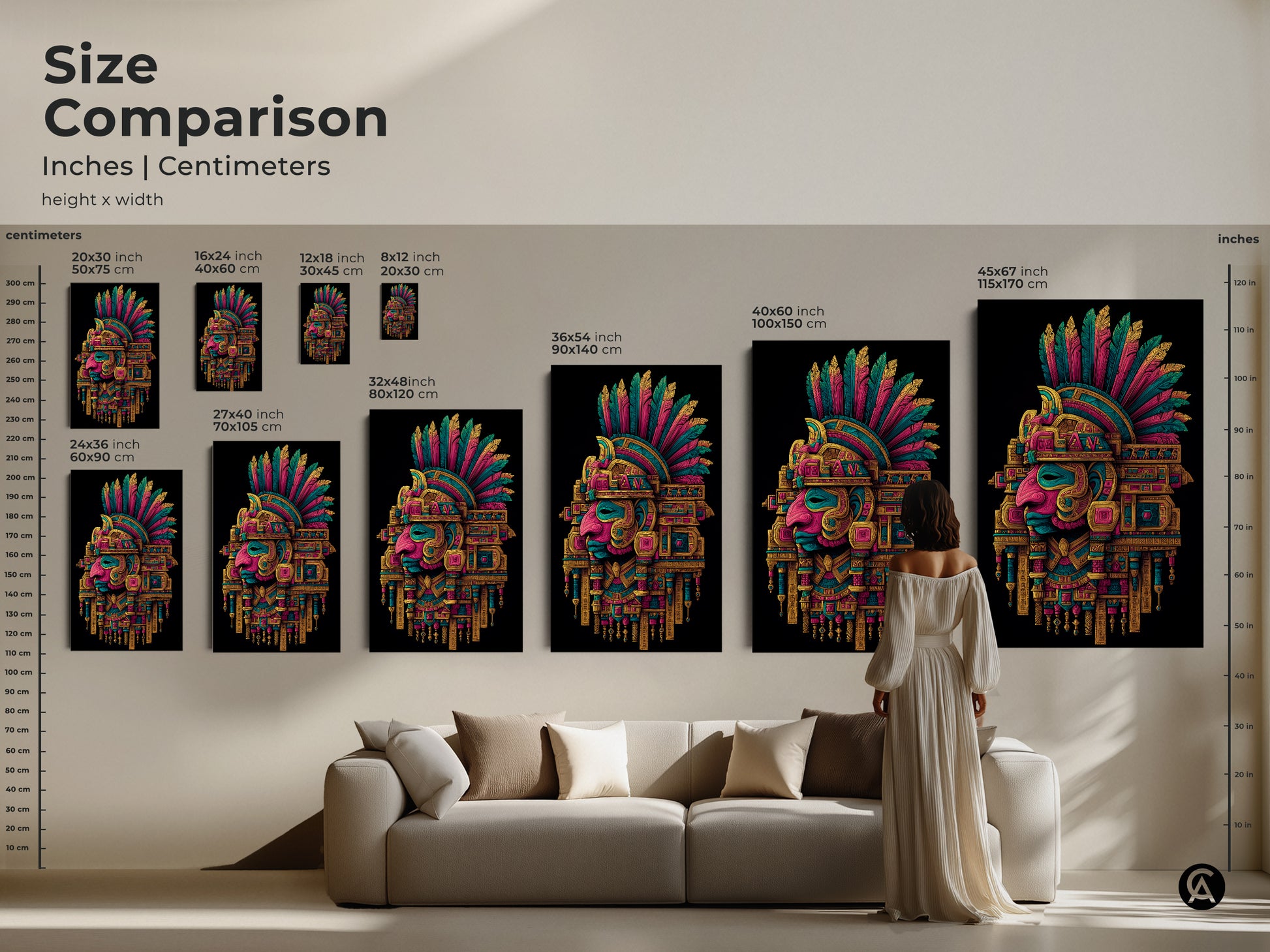 Size comparison of Aztec Headdress artwork. Visualize different sizes in inches and centimeters. Perfect for any room. Find the ideal size to complement your decor. Order now
