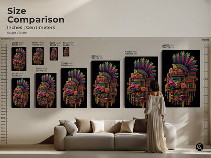 Size comparison of Aztec Headdress artwork. Visualize different sizes in inches and centimeters. Perfect for any room. Find the ideal size to complement your decor. Order now
