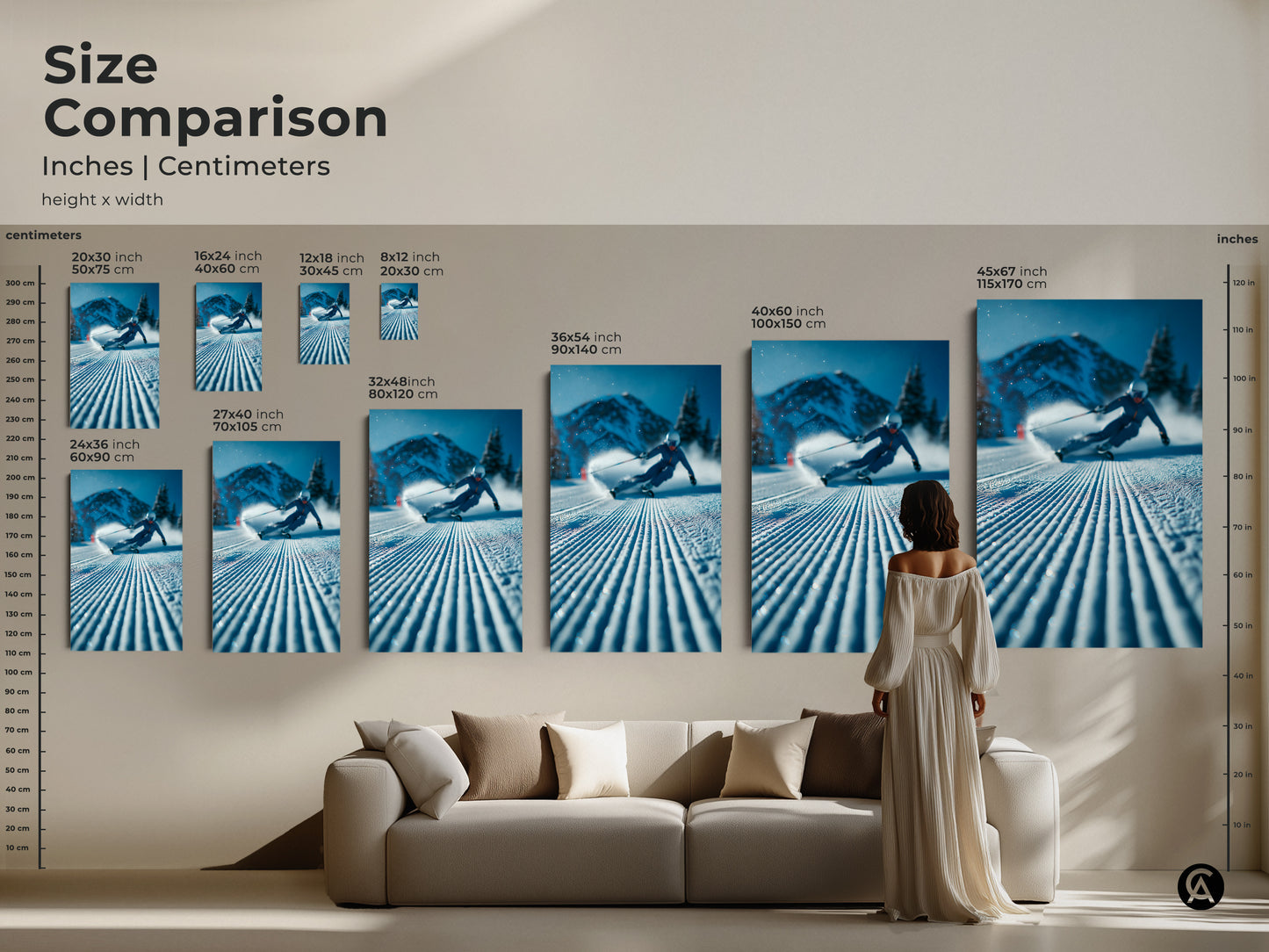 Size comparison of our skier artwork in inches and centimeters. Visualize how each size fits in your space. From small 20x30 cm to large 115x170 cm options. Perfect for canvas and poster prints. Enhance your home with this dynamic art piece.