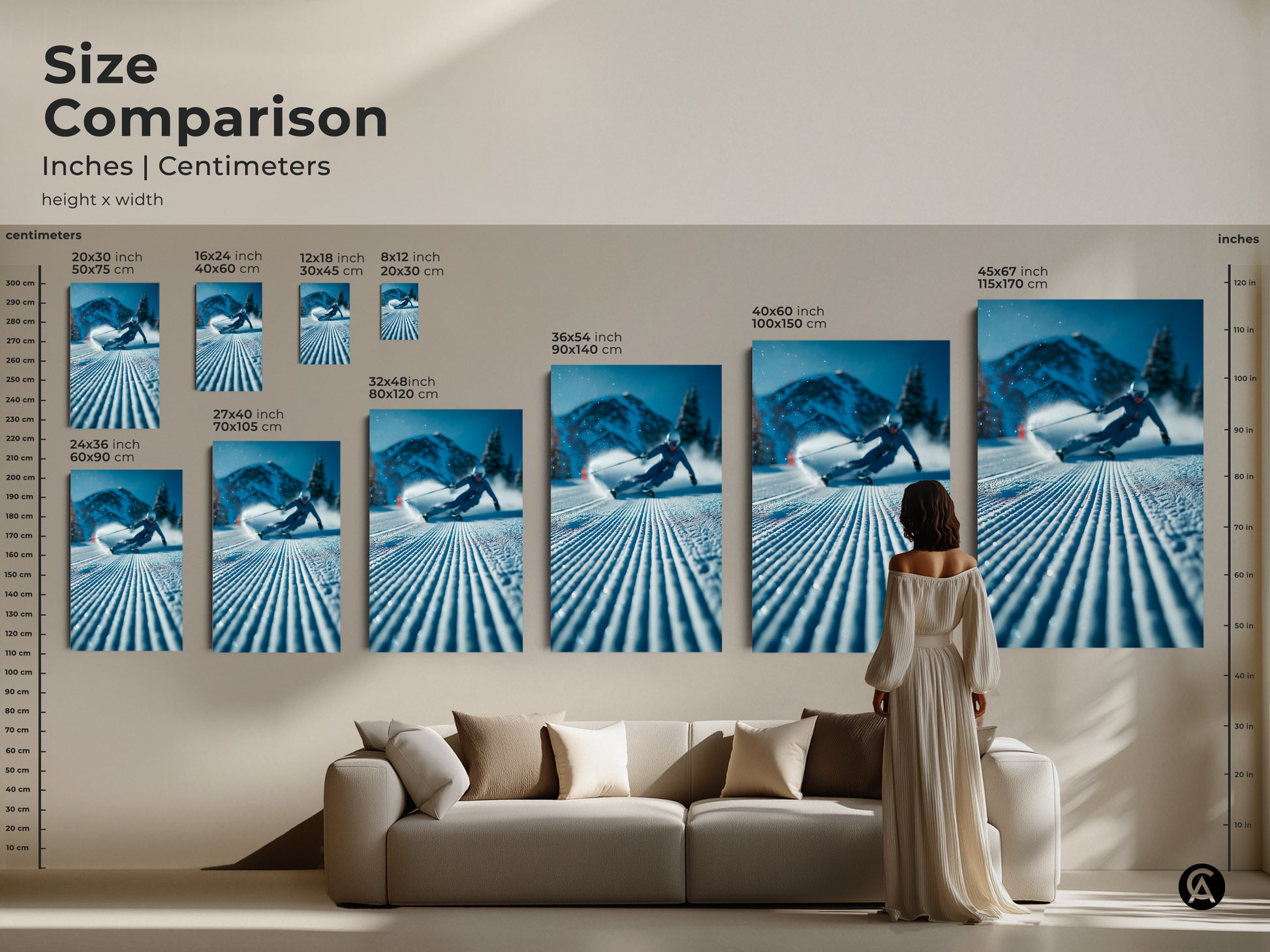 Size comparison of our skier artwork in inches and centimeters. Visualize how each size fits in your space. From small 20x30 cm to large 115x170 cm options. Perfect for canvas and poster prints. Enhance your home with this dynamic art piece.