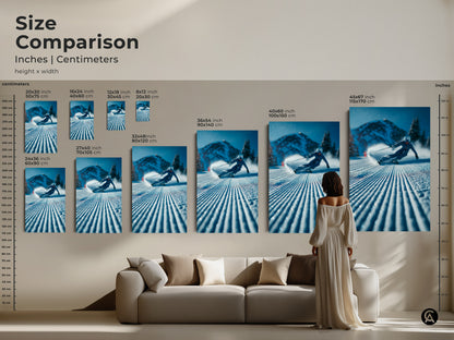 Size comparison of our skier artwork in inches and centimeters. Visualize how each size fits in your space. From small 20x30 cm to large 115x170 cm options. Perfect for canvas and poster prints. Enhance your home with this dynamic art piece.