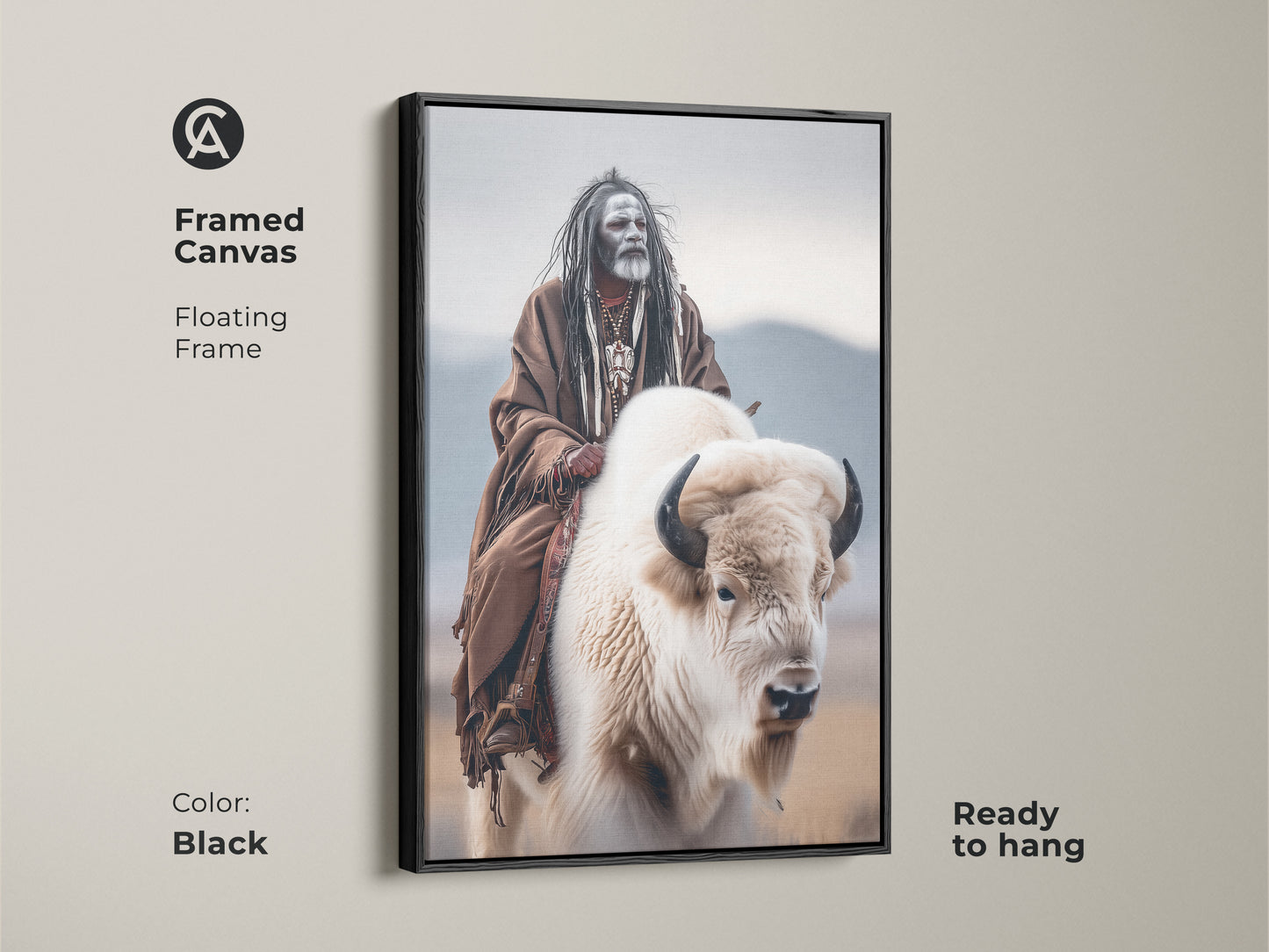 Framed canvas art featuring a Native American man riding a white buffalo. The floating frame is black. The artwork is ready to hang and highlights indigenous culture. Enhance your living space with this unique piece. Explore our framed Native American art now.