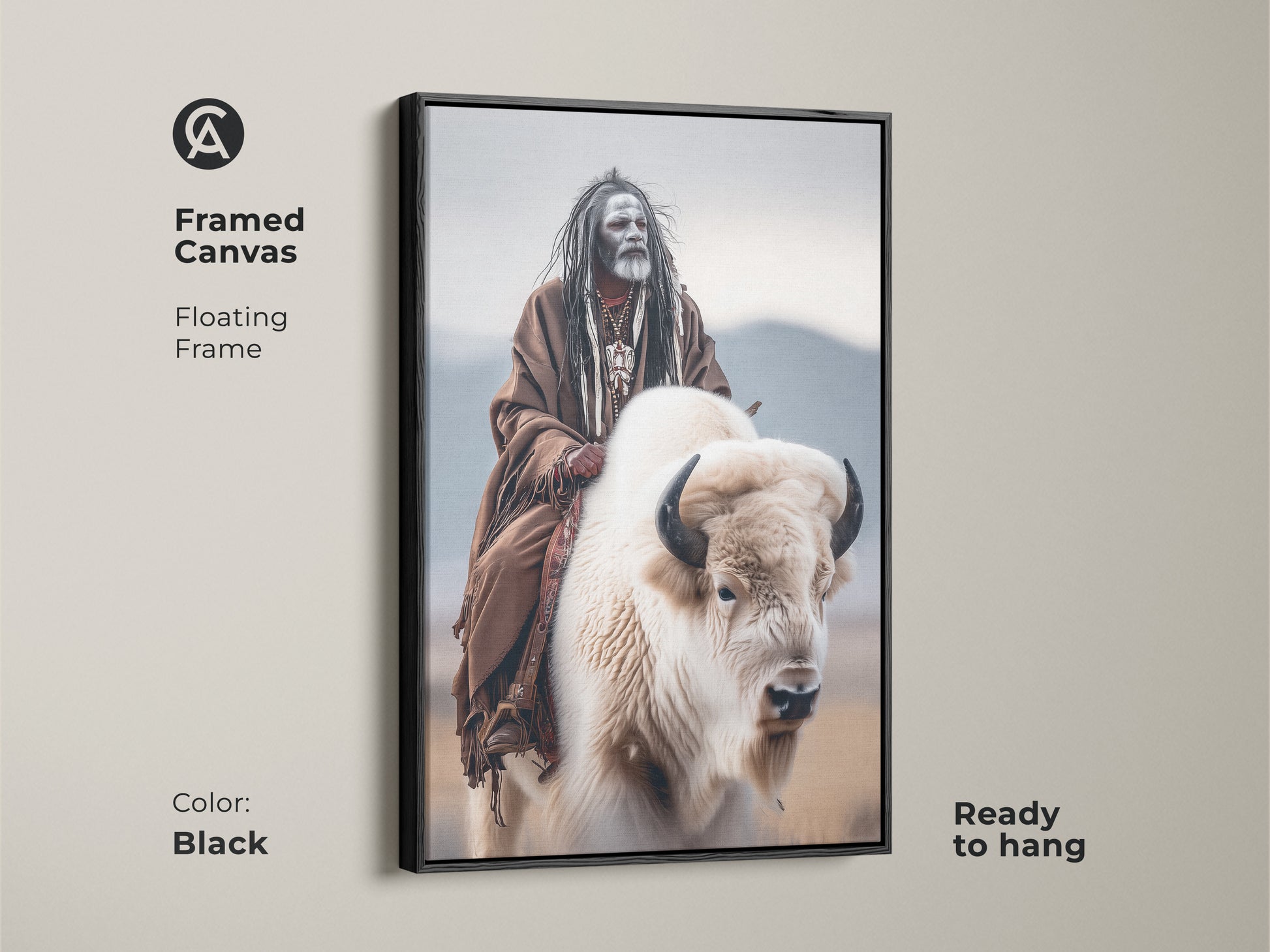 Framed canvas art featuring a Native American man riding a white buffalo. The floating frame is black. The artwork is ready to hang and highlights indigenous culture. Enhance your living space with this unique piece. Explore our framed Native American art now.