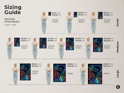 Sizing guide for COOLmman vertical art. Visualize the artwork in small medium and large sizes. The art features a grinning face with sunglasses looming over a psychedelic street scene. Available as canvas or poster.