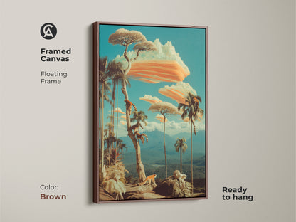Framed Canvas in a Brown Floating Frame. It is the perfect artistic nature wall art for those who appreciate animals. This Teal and Orange artwork serves as a captivating statement piece for any room. Ready to hang.