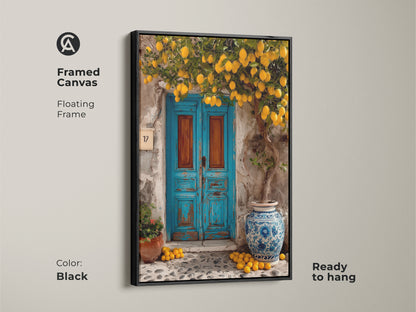 Framed canvas art of a lemon tree and a blue door. This floating frame piece is ready to hang and features a black frame. The Mediterranean art adds a rustic touch to your kitchen or entryway. This canvas is perfect for travel lovers.