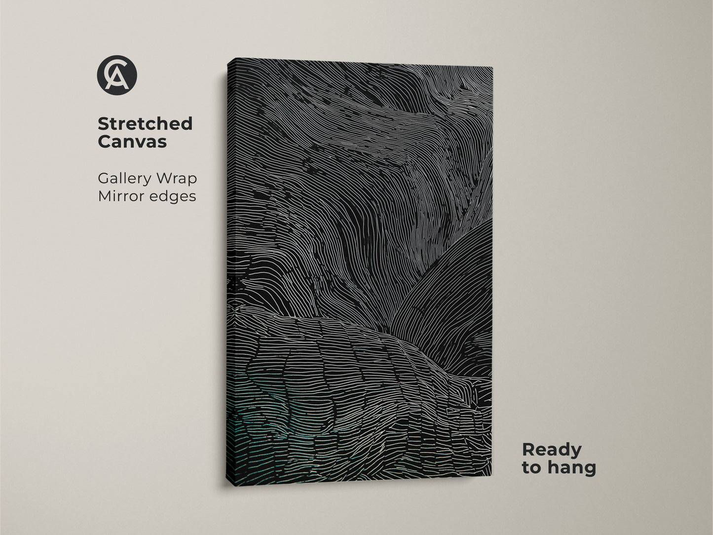A stretched canvas featuring abstract wavy lines in black white and teal. The gallery wrap with mirror edges enhances the modern aesthetic. This minimalist bedroom wall art is ready to hang. It's a contemporary abstract artwork.