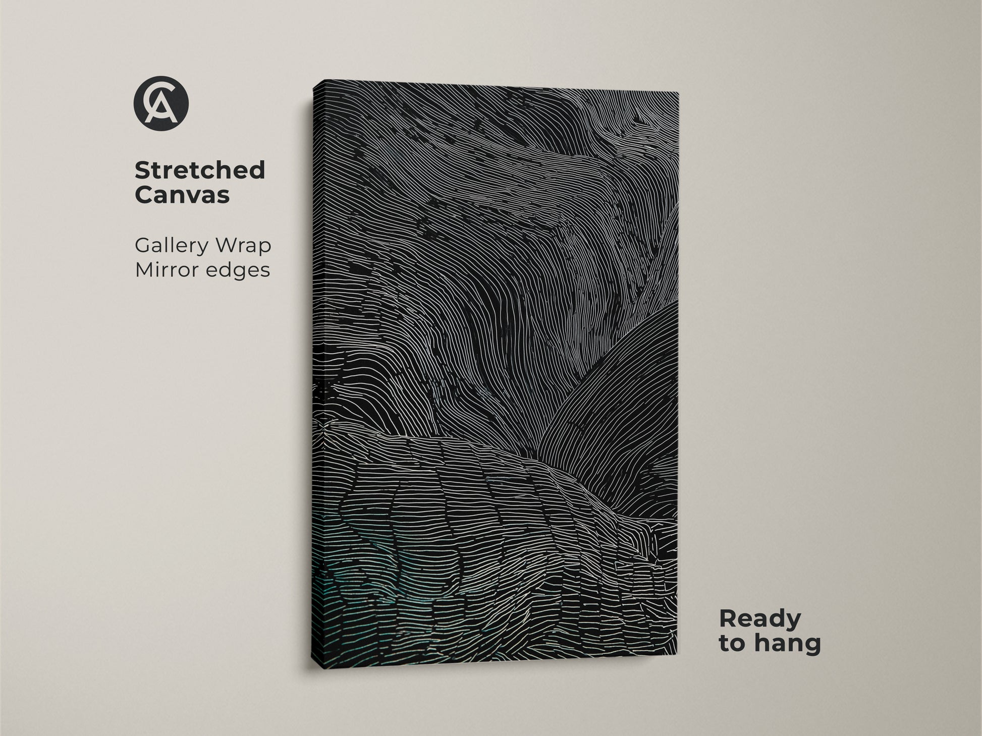 A stretched canvas featuring abstract wavy lines in black white and teal. The gallery wrap with mirror edges enhances the modern aesthetic. This minimalist bedroom wall art is ready to hang. It's a contemporary abstract artwork.