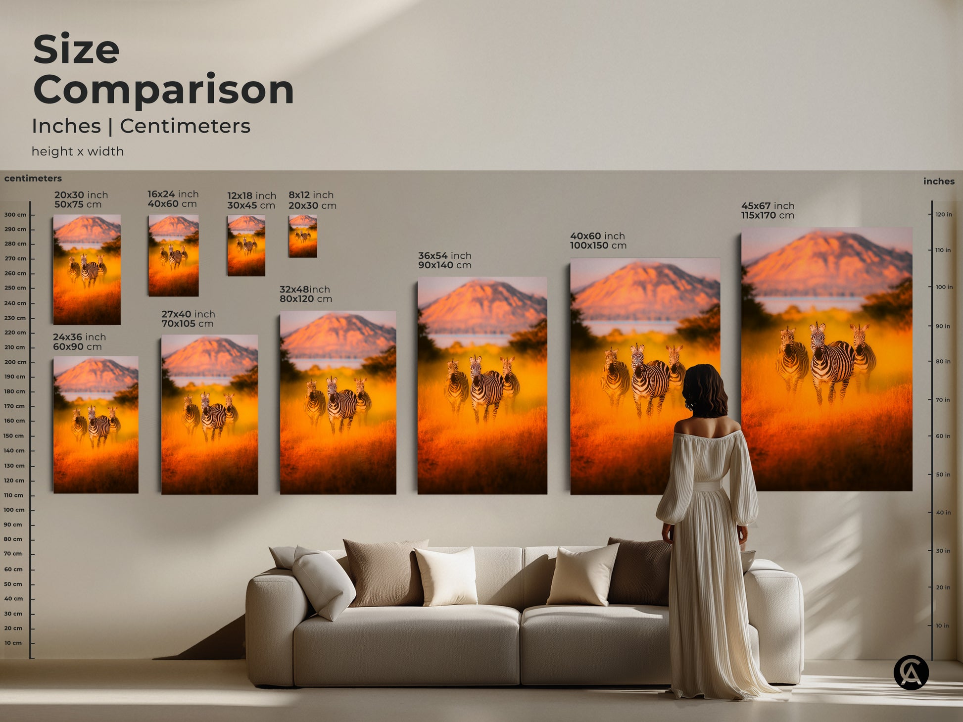 Size comparison of zebra canvas and poster prints in inches and centimeters. Visualize the scale of wildlife art in your space. Perfect for bedroom or living room decor. Various sizes available to fit any wall. Find the ideal eclectic home decor piece. A unique housewarming gift idea with warm earth tones.