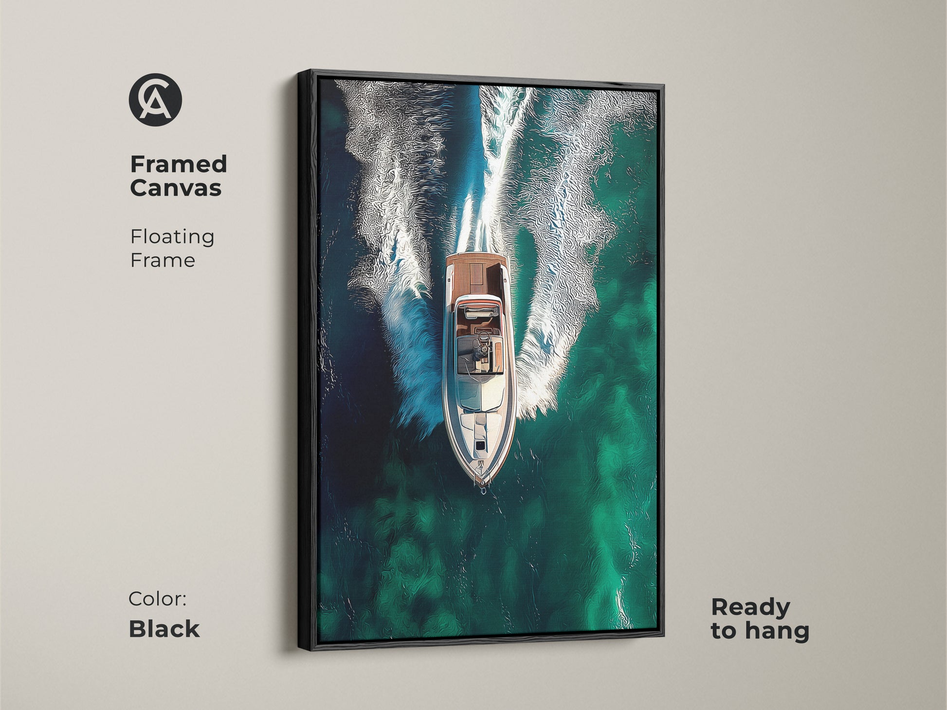 This framed canvas features an abstract speedboat scene. This modern artwork has a floating frame in black. The teal ocean waves wall art is ready to hang. A great contemporary piece and housewarming gift. Perfect for boat lovers.
