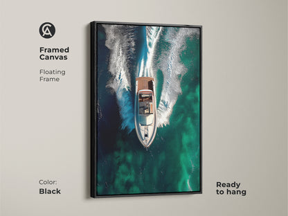 This framed canvas features an abstract speedboat scene. This modern artwork has a floating frame in black. The teal ocean waves wall art is ready to hang. A great contemporary piece and housewarming gift. Perfect for boat lovers.