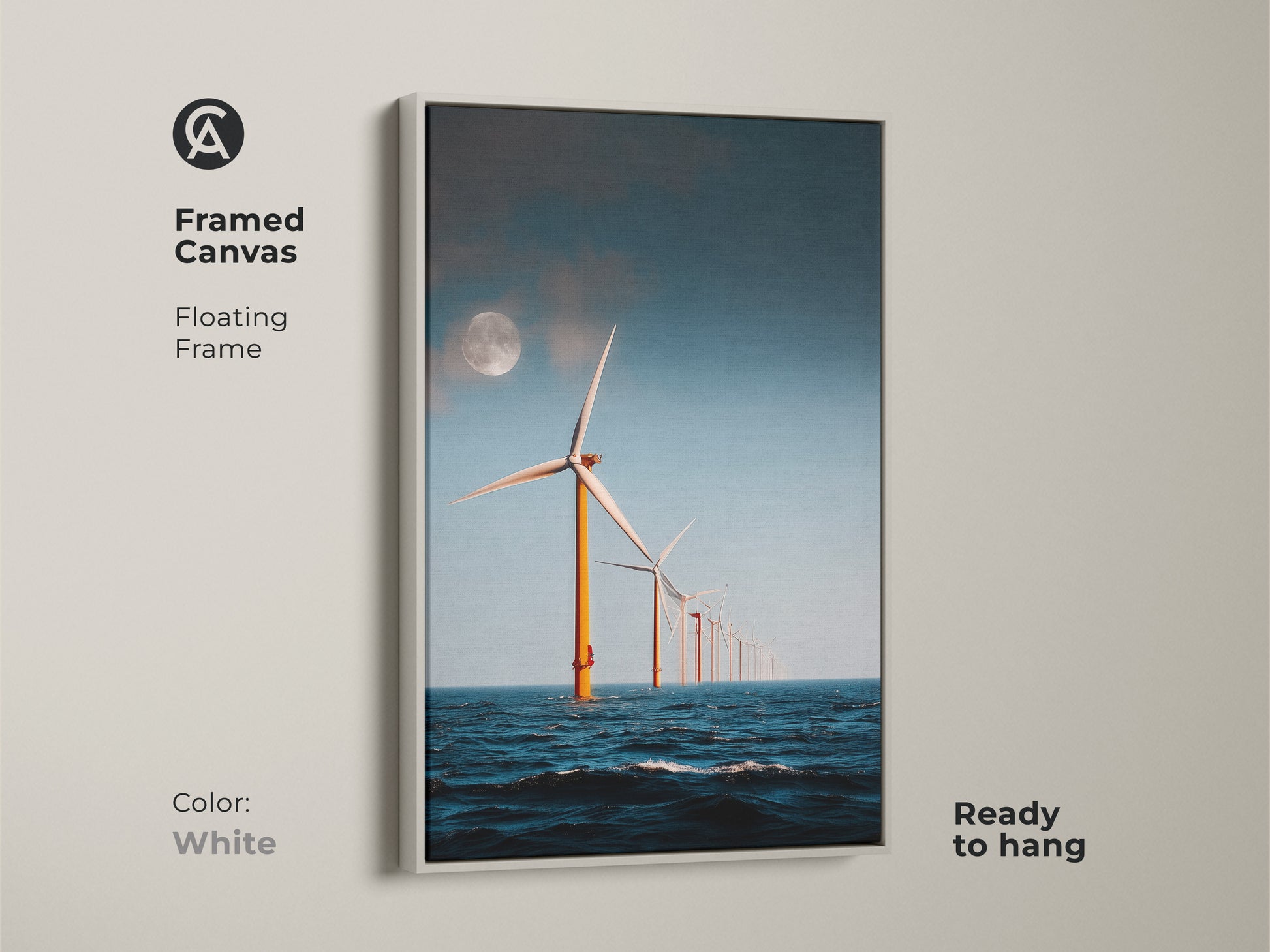 White Framed Canvas of Moonlit Ocean Wind Turbine Artwork. This modern minimalist seascape art showcases offshore wind turbines under a moonlit sky and is ready to hang. It's a unique eco home gift that brings an industrial landscape to contemporary spaces.