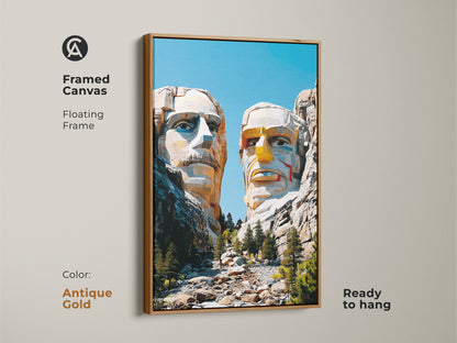 Framed canvas geometric Mount Rushmore art features an antique gold floating frame. This pop art print is a unique landscape print showcasing an iconic landmark. A perfect office workplace art that's ready to hang.