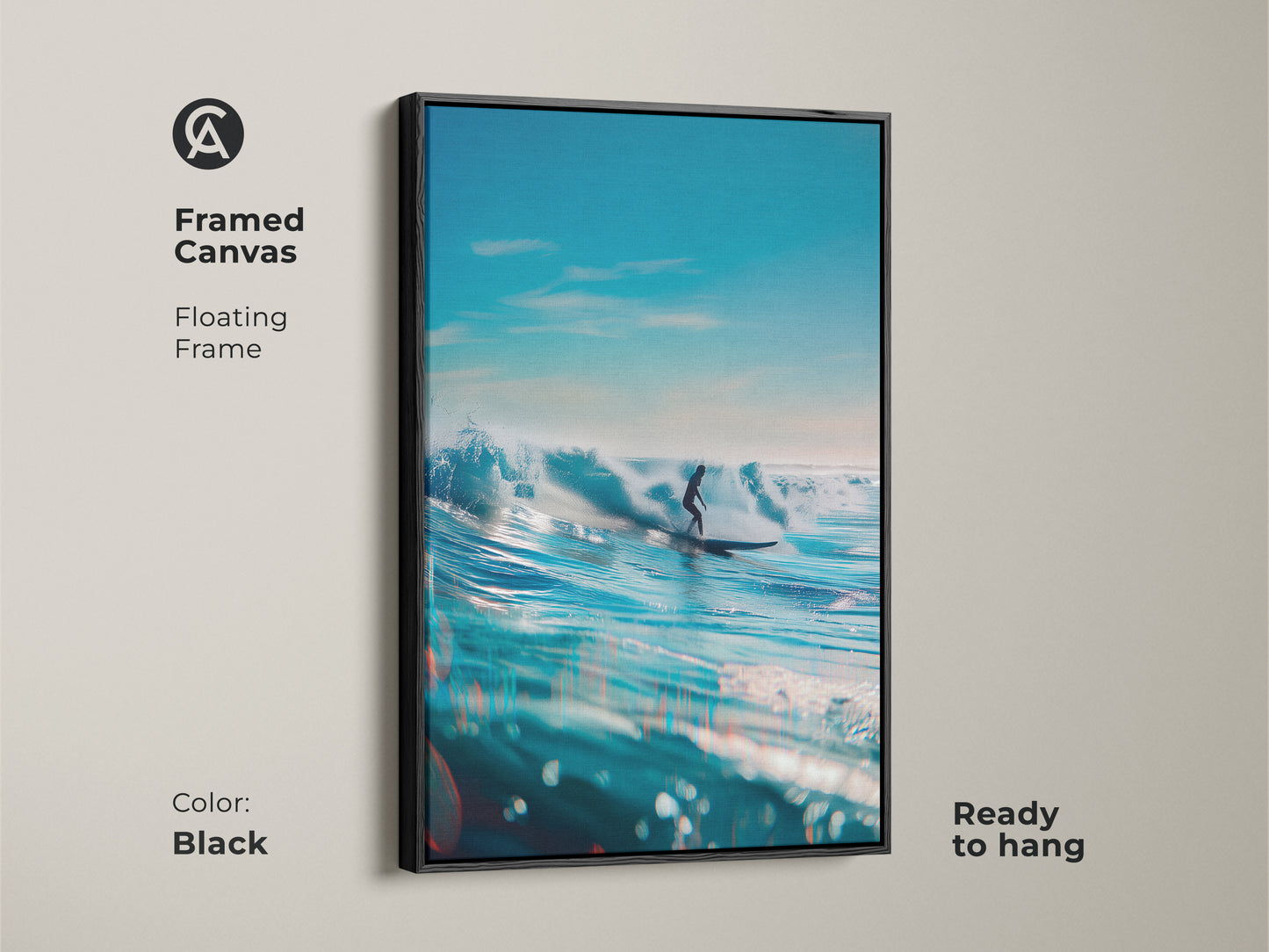 Black framed canvas of a surfer riding a wave. Ready to hang this floating frame enhances the ocean view artwork. The blue water and clear sky create a calming atmosphere. Add this surfing art to your home decor today.