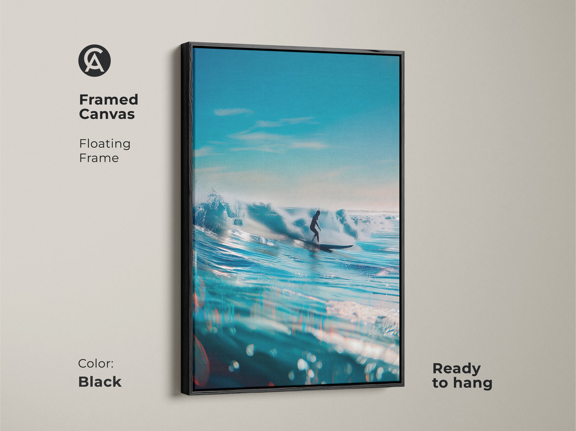 Black framed canvas of a surfer riding a wave. Ready to hang this floating frame enhances the ocean view artwork. The blue water and clear sky create a calming atmosphere. Add this surfing art to your home decor today.