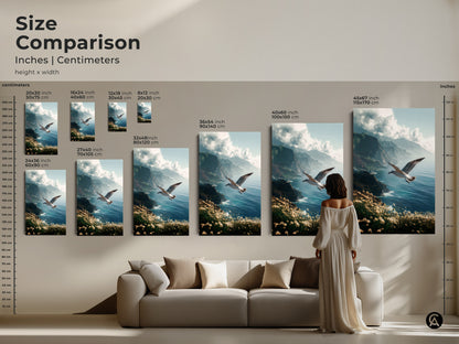 Size Comparison of Seascape Canvas Art Print. See how various sizes look above a sofa. Visualize dimensions in inches and centimeters. Choose the perfect scale for your nature wall art decor from small to large options.