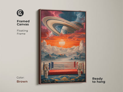 Framed canvas featuring surreal astronaut boxing ring art with Saturn. The brown floating frame enhances the orange and blue cosmic artwork. This unique space gift for sci-fi lovers is ready to hang.