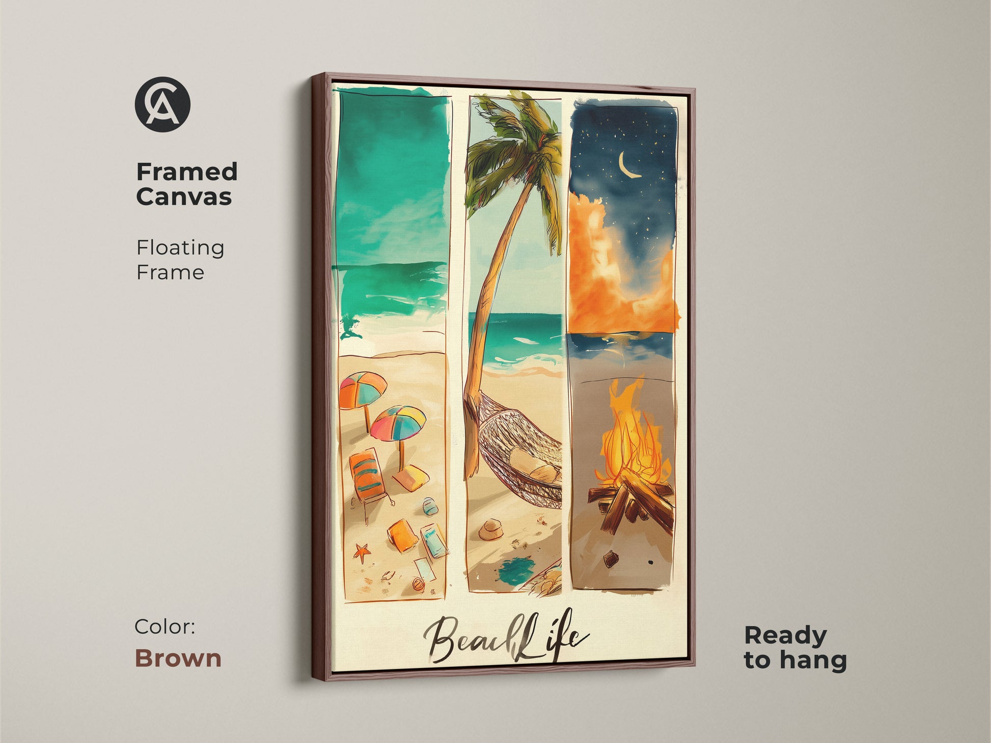 Framed canvas beach life artwork. The brown floating frame adds a touch of warmth. This beach art is ready to hang. The artwork shows the ocean with a hammock and a bonfire at night.