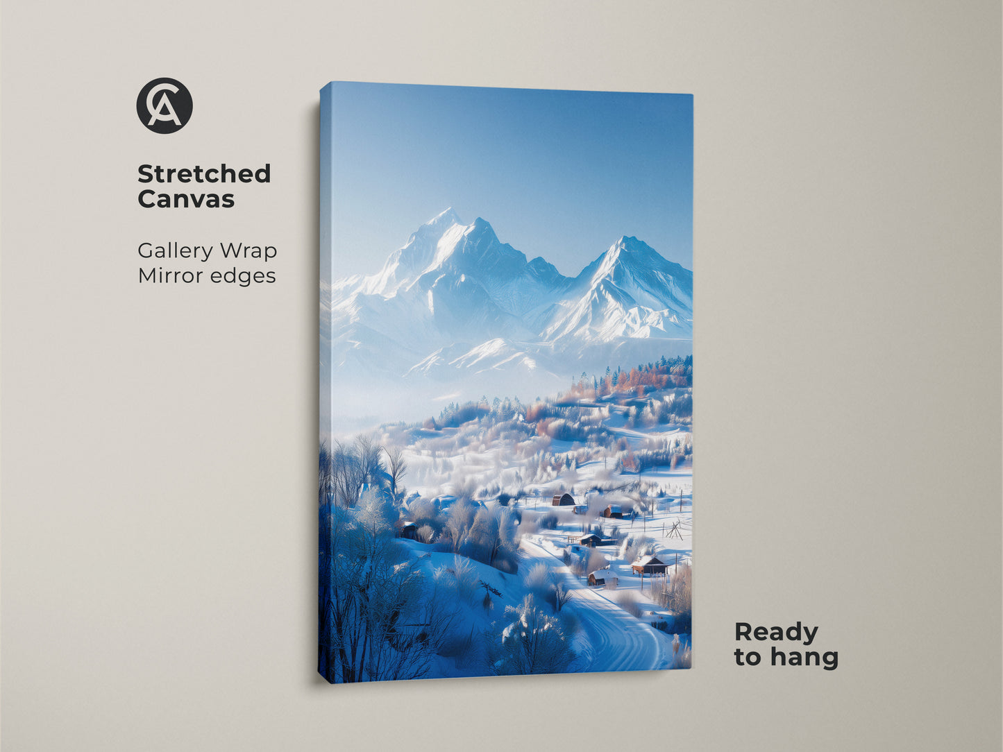 Stretched canvas art featuring a winter mountain landscape. This gallery wrapped canvas has mirror edges. It's a ready to hang piece. Ideal for adding a touch of winter wonderland to your home decor with mountain artwork.