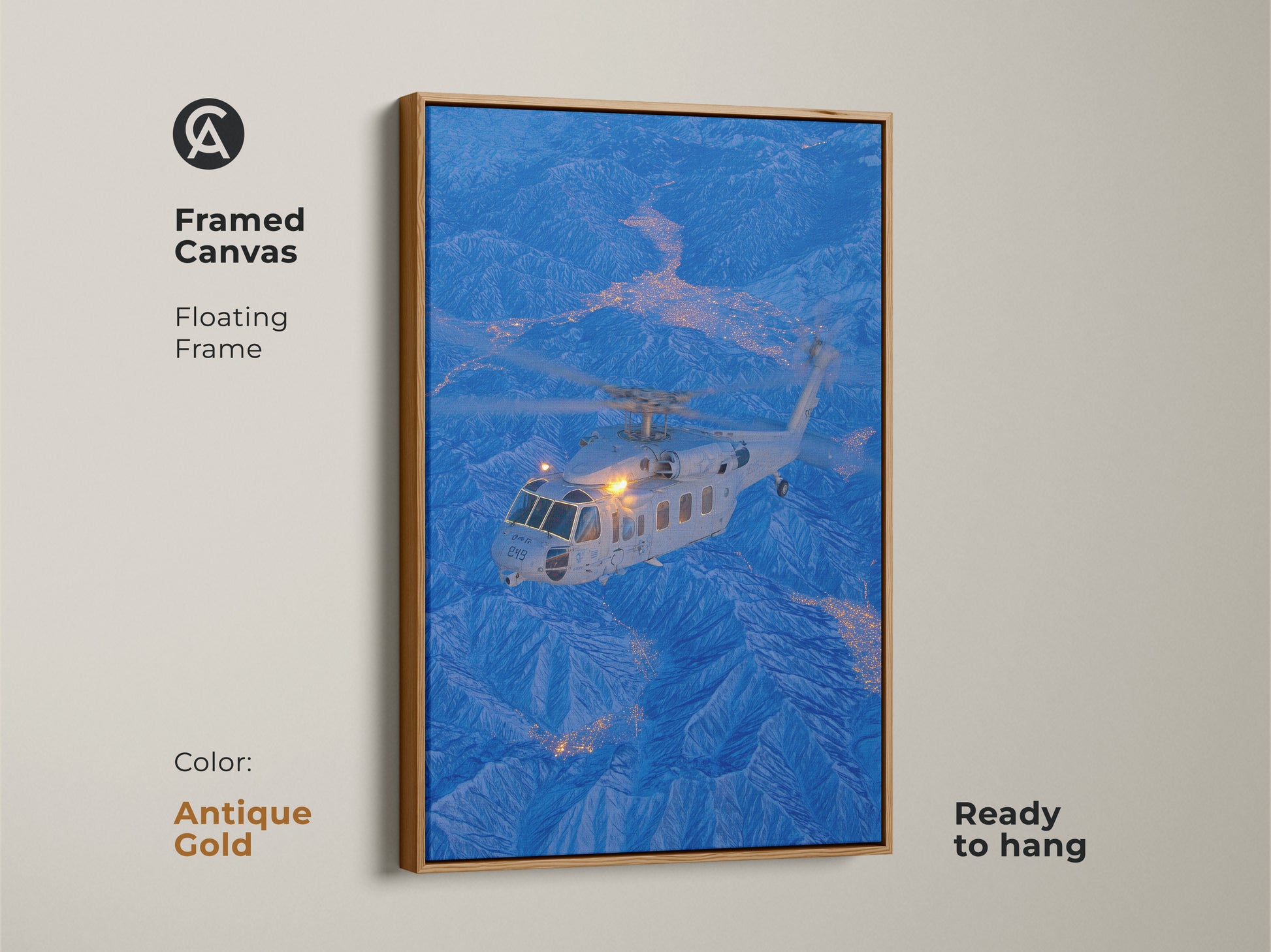 This framed canvas features a helicopter flying over a mountainous landscape. The antique gold floating frame adds a touch of vintage charm. This aviation artwork is ready to hang and will be a conversation starter in any room.