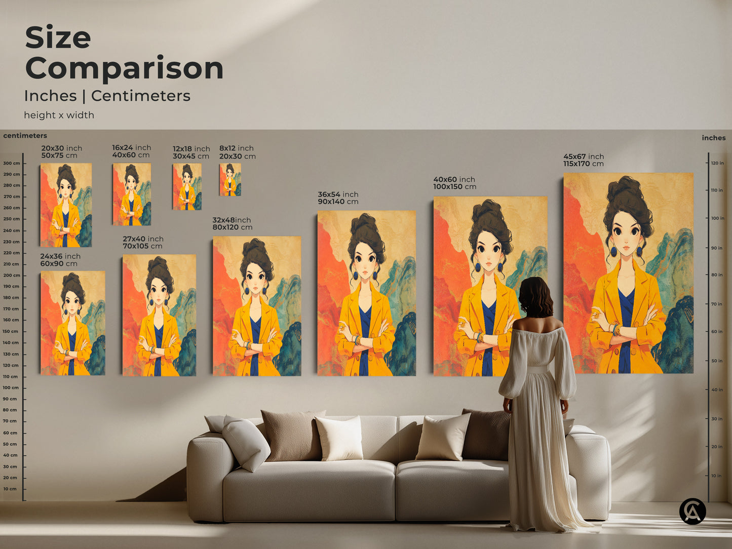 Size comparison of anime-inspired woman portrait artwork in inches and centimeters. See how the contemporary fashion art fits in a living room setting. Options range from 16x24 inch to 45x67 inch. Visualize the impact of this yellow and blue art on your modern home decor.