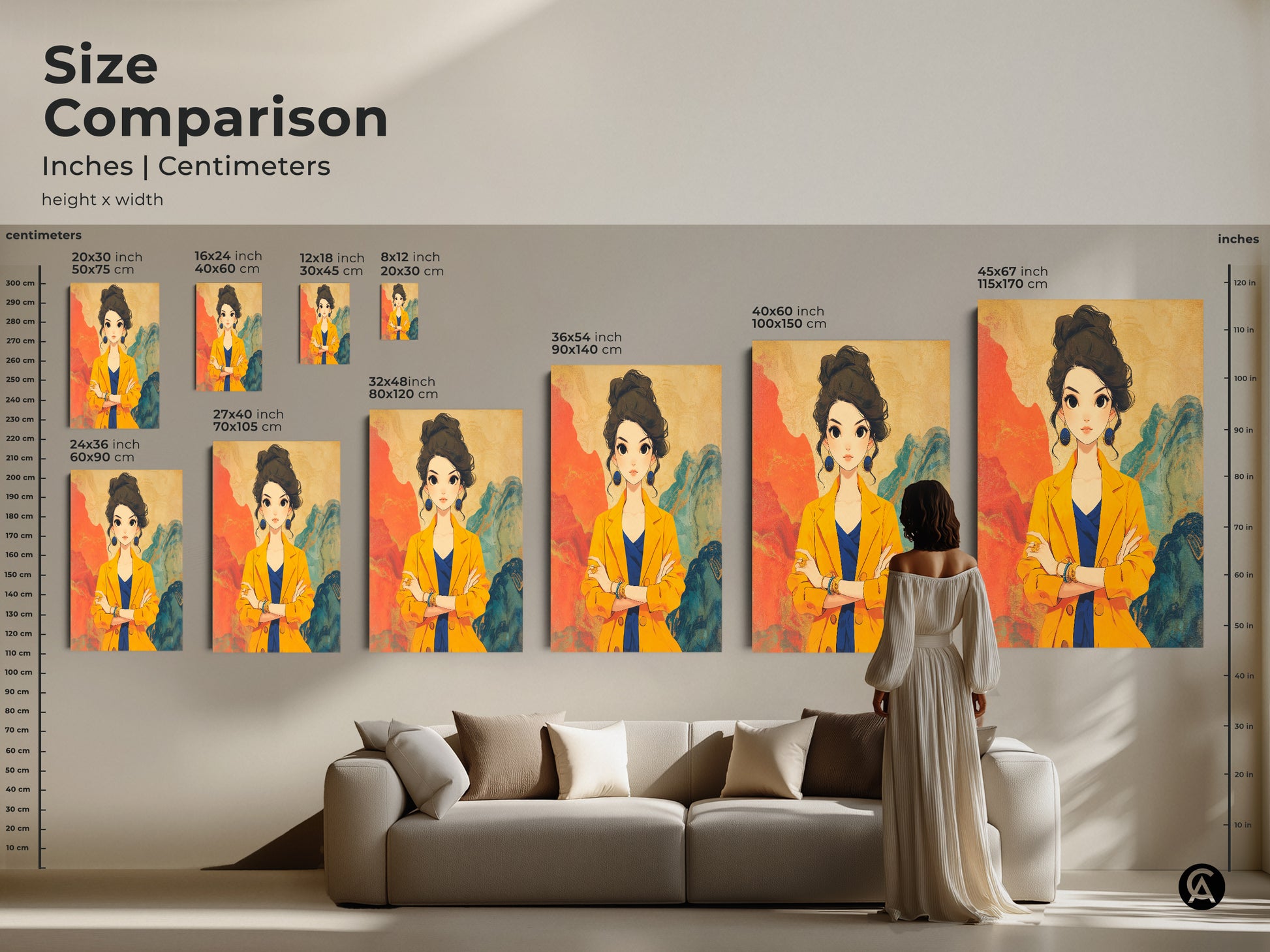 Size comparison of anime-inspired woman portrait artwork in inches and centimeters. See how the contemporary fashion art fits in a living room setting. Options range from 16x24 inch to 45x67 inch. Visualize the impact of this yellow and blue art on your modern home decor.