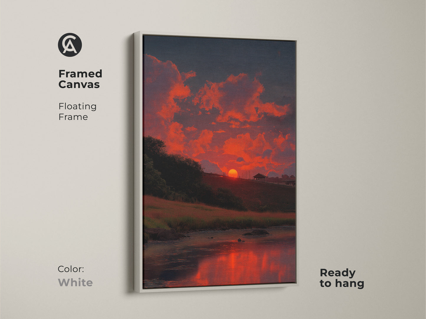Framed canvas featuring a river sunset with a white floating frame. The colorful landscape art adds a peaceful touch. The fiery orange clouds art is perfect as bedroom wall decor. This scenic river painting is ready to hang.