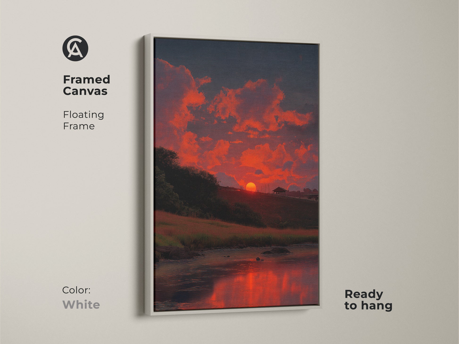 Framed canvas featuring a river sunset with a white floating frame. The colorful landscape art adds a peaceful touch. The fiery orange clouds art is perfect as bedroom wall decor. This scenic river painting is ready to hang.