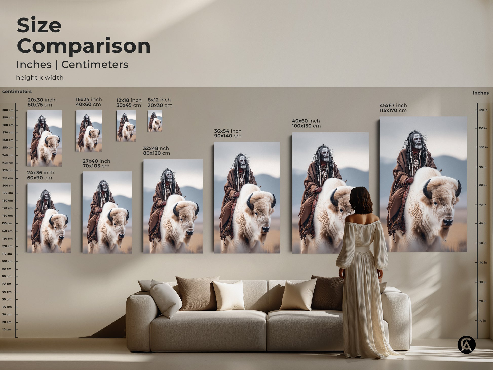 Size comparison of Native American artwork featuring a Native American man riding a white buffalo. See the artwork in inches and centimeters. Visualize how it looks in different sizes above a sofa. Perfect for planning your wall decor. Explore our range of sizes today.