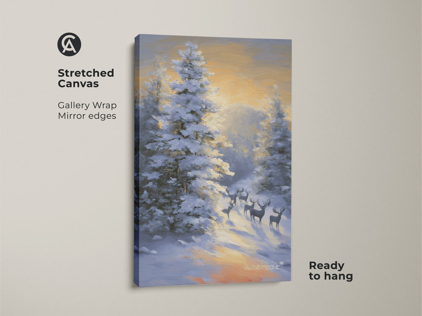 Rustic winter wildlife wall art on stretched canvas. The gallery wrap has mirror edges and is ready to hang. This is a deer in snowy forest canvas print. The impressionistic landscape painting is perfect nature home decor. It is a great gift for him