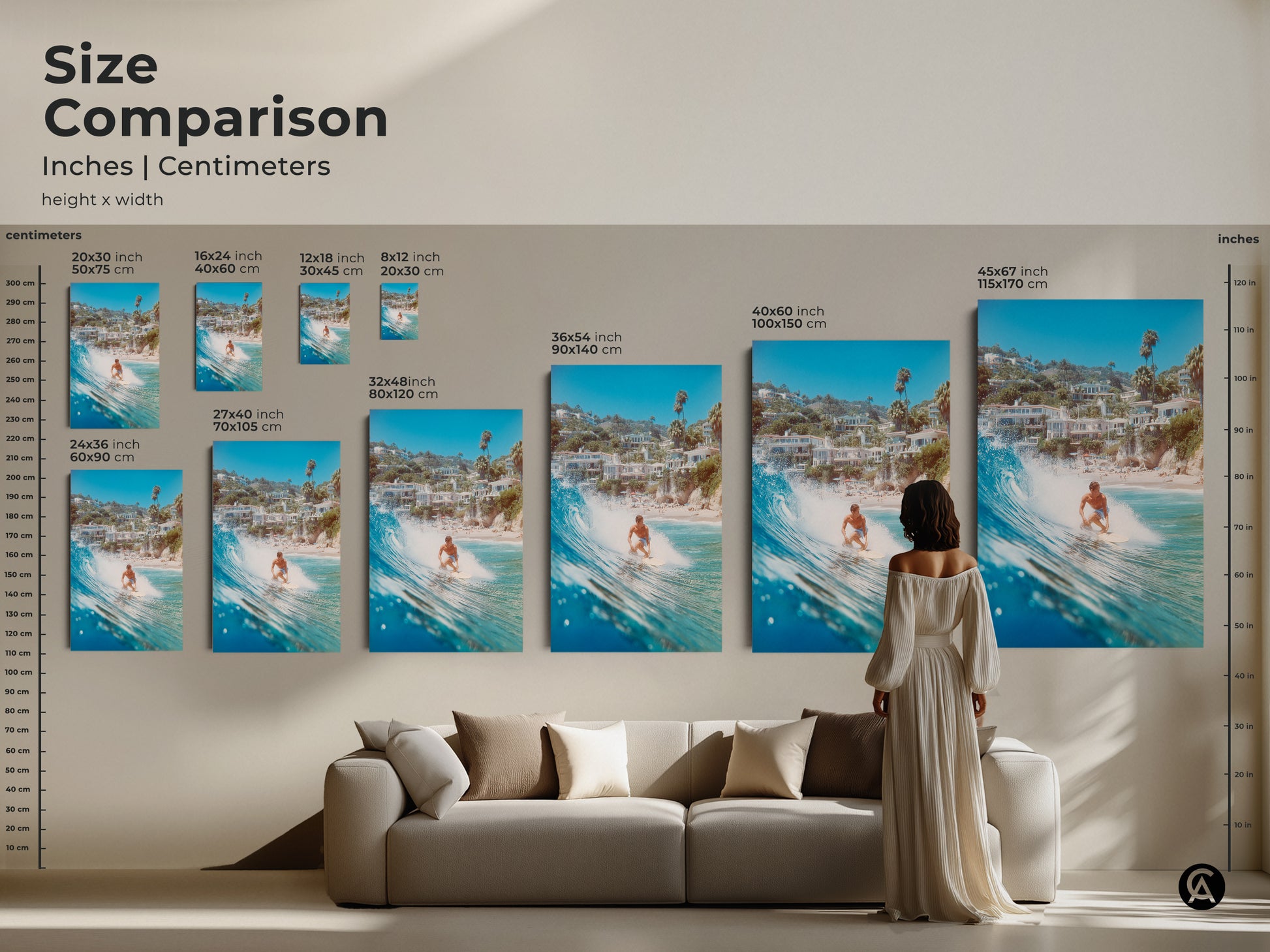 Size comparison of art prints in inches and centimeters. Featuring a surfer riding a wave these prints are available in various sizes. Perfect for any space this artwork brings the beauty of the ocean indoors. Find the ideal size to complement your decor.