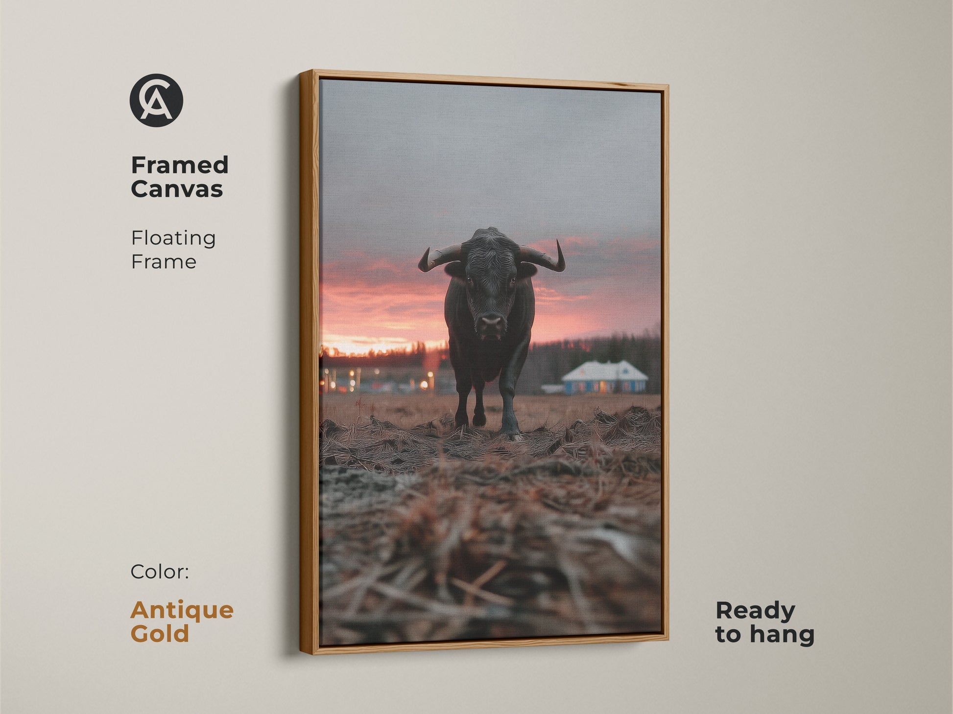 Antique gold framed bull canvas art with a floating frame ready to hang. This rustic farmhouse wall decor features crimson orange grey animal art. It is a unique entryway home decor gift. The rural house landscape art is stunning.