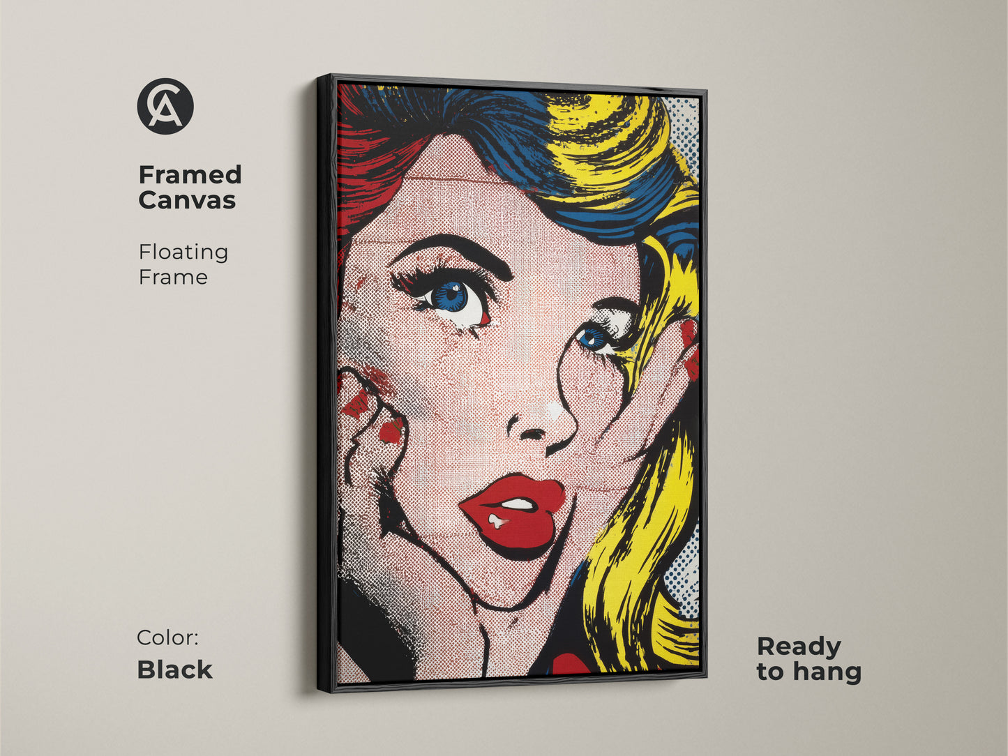 Framed canvas featuring Pop Art Woman with a black floating frame. Ready to hang this artwork adds sophistication to any room. The artwork depicts a woman in the iconic pop art style. This framed canvas brings a touch of modern art to your home decor