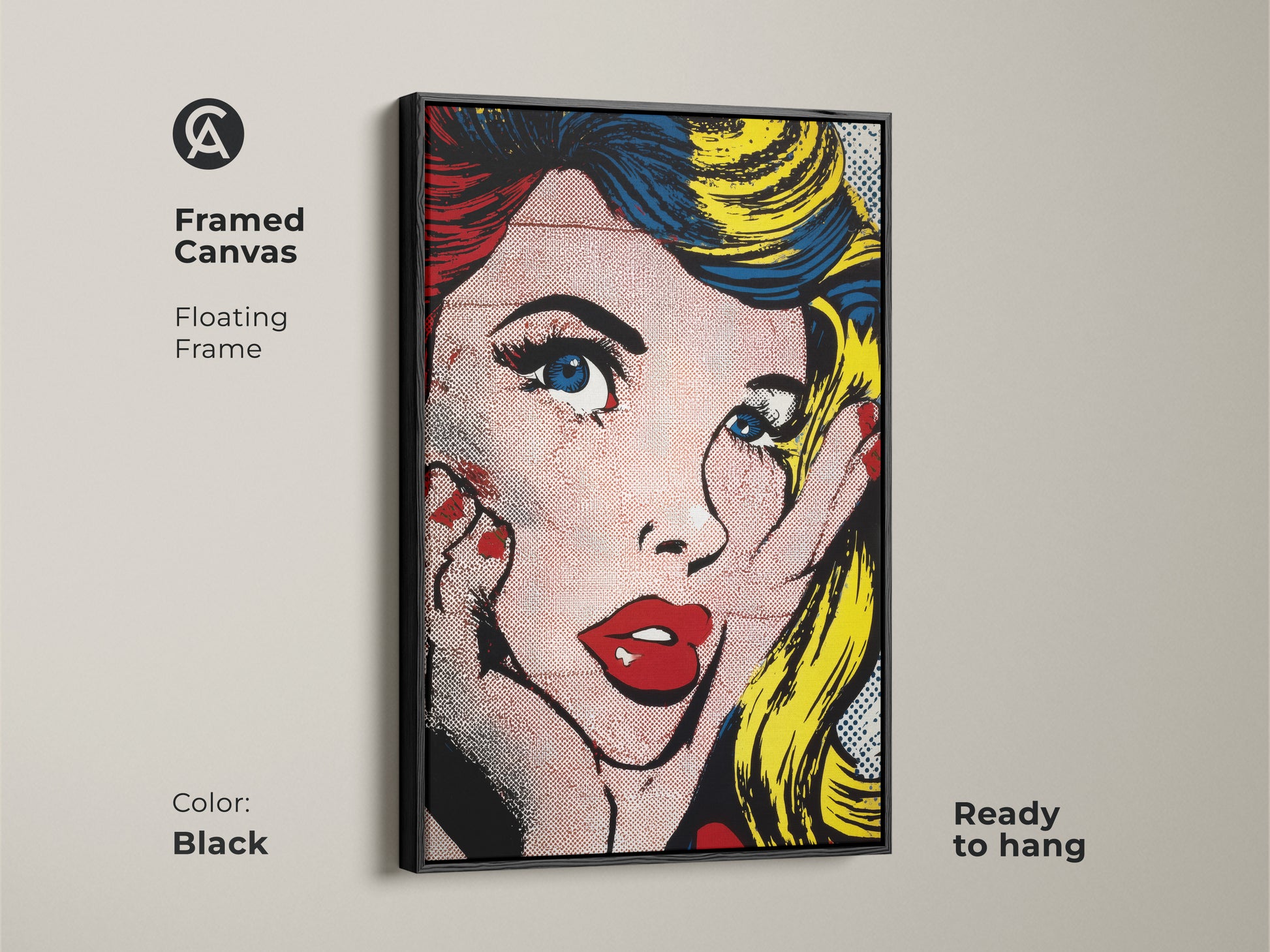 Framed canvas featuring Pop Art Woman with a black floating frame. Ready to hang this artwork adds sophistication to any room. The artwork depicts a woman in the iconic pop art style. This framed canvas brings a touch of modern art to your home decor
