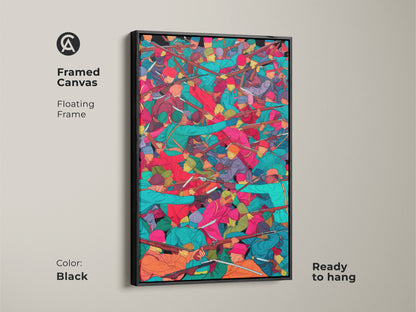 Framed canvas artwork of a historical battle scene. Soldiers with muskets are shown in a teal orange and red palette. It features a floating black frame and is ready to hang. This eclectic and figurative art adds a touch of military history to any space.
