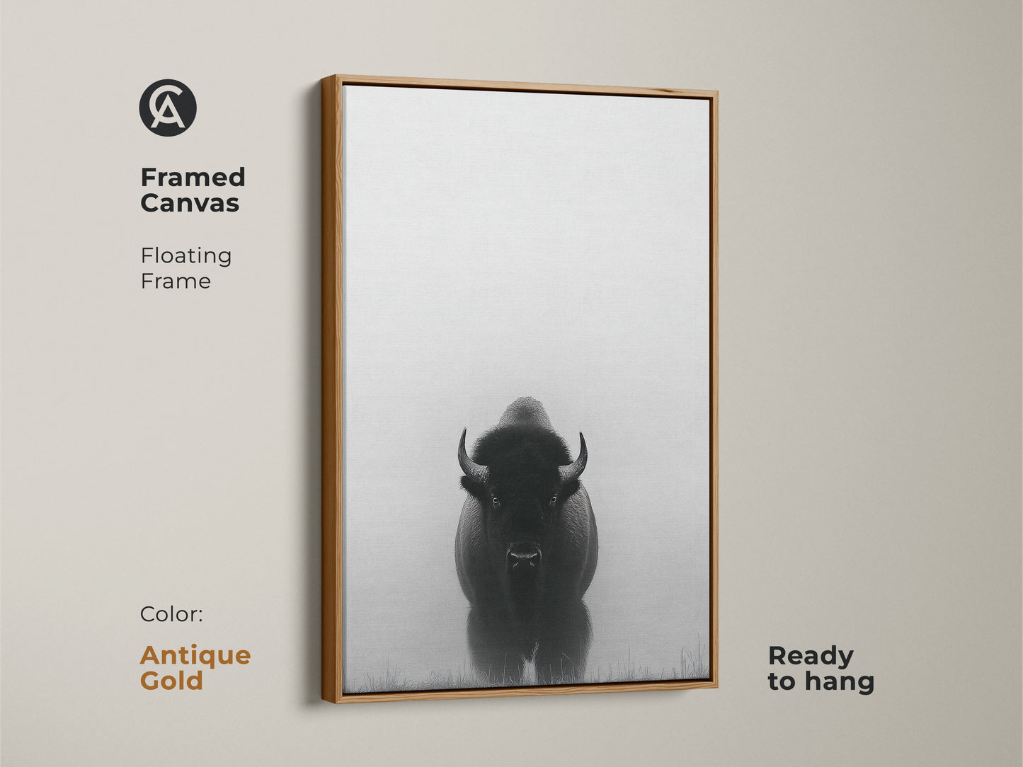 This framed canvas shows minimalist bison art with an antique gold frame. This black and white prairie canvas is ready to hang. The wildlife animal landscape print creates a rustic farmhouse feel.