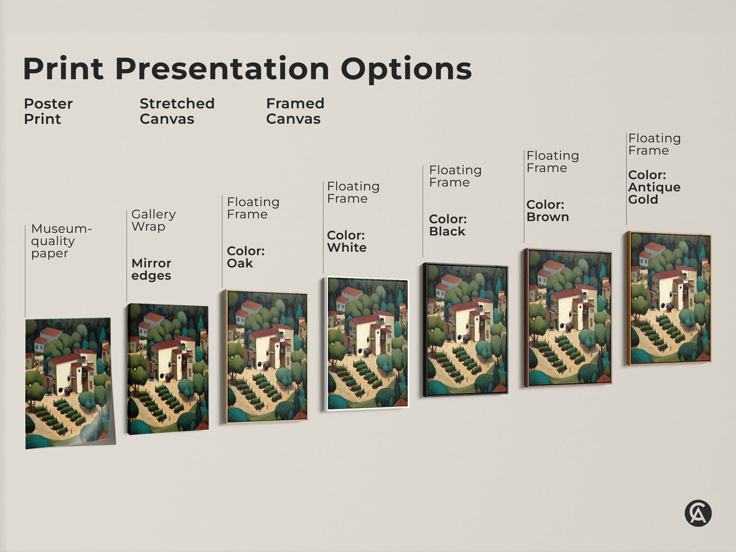 Explore print presentation options. The poster print and stretched canvas show a rustic village wall art. Framed canvas in various colors. Naive art shows a countryside scene. Perfect wine lover housewarming gift adds farmhouse kitchen decor.