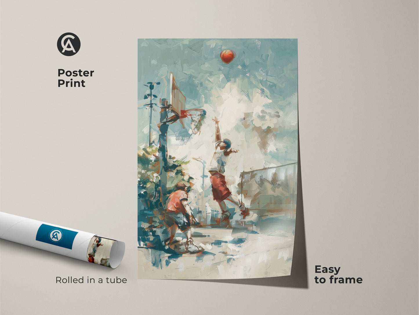 Get this basketball art poster print perfect for easy framing. The artwork shows an action packed basketball moment. Rolled in a tube for safe delivery. This poster is a convenient way to display your love for the game. Add this unique sports art to your collection