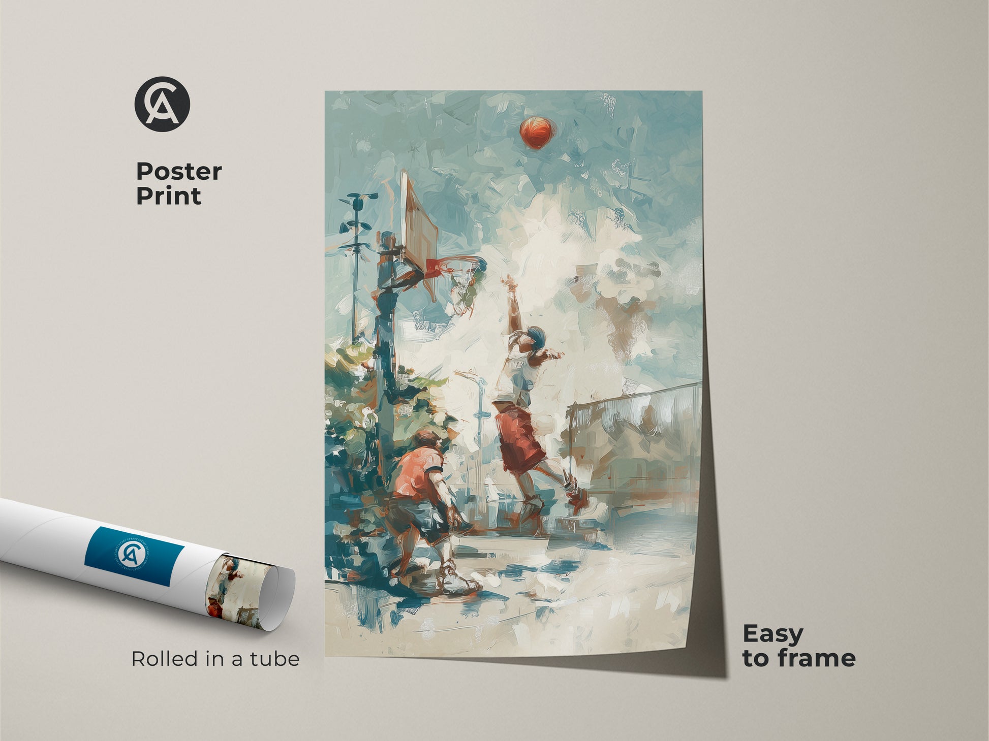 Get this basketball art poster print perfect for easy framing. The artwork shows an action packed basketball moment. Rolled in a tube for safe delivery. This poster is a convenient way to display your love for the game. Add this unique sports art to your collection