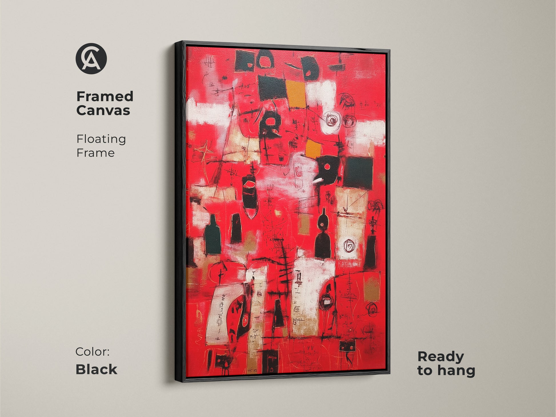 Framed canvas with a floating frame in black. This abstract artwork is ready to hang. The red and black art offers a contemporary touch. It’s perfect for modern interiors. The sleek frame enhances the overall aesthetic.