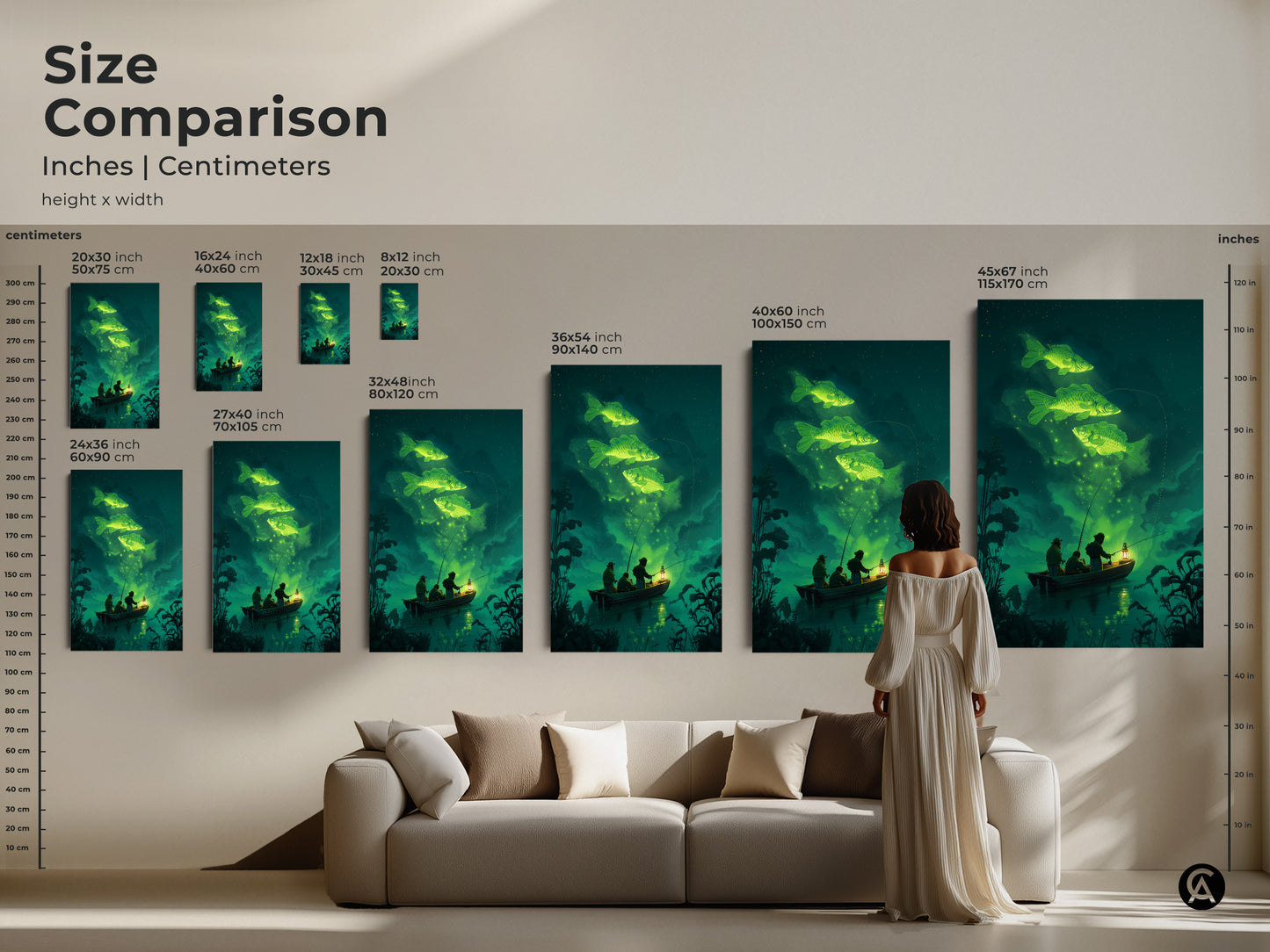 Size comparison of surreal fishing art in inches and centimeters. The fantasy nature canvas art ranges from small to extra-large. A model shows how the artwork fits above a sofa. This helps visualize the scale of the emerald green carp print in a living room.