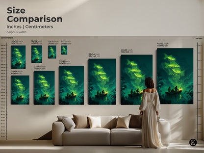 Size comparison of surreal fishing art in inches and centimeters. The fantasy nature canvas art ranges from small to extra-large. A model shows how the artwork fits above a sofa. This helps visualize the scale of the emerald green carp print in a living room.