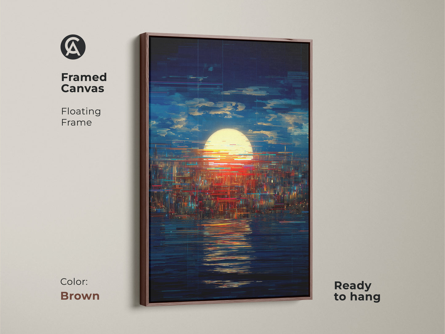 Glitch art cityscape in a brown floating frame. This abstract sunset wall art uses blue yellow red tones. This modern art is perfect contemporary office art. The canvas is ready to hang.