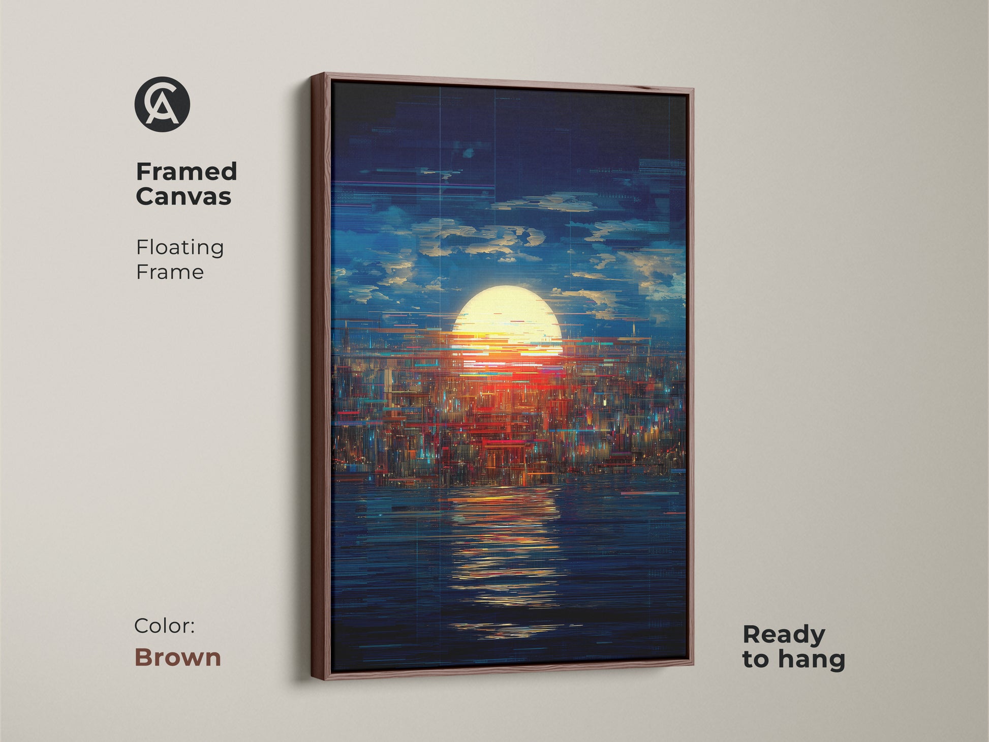 Glitch art cityscape in a brown floating frame. This abstract sunset wall art uses blue yellow red tones. This modern art is perfect contemporary office art. The canvas is ready to hang.