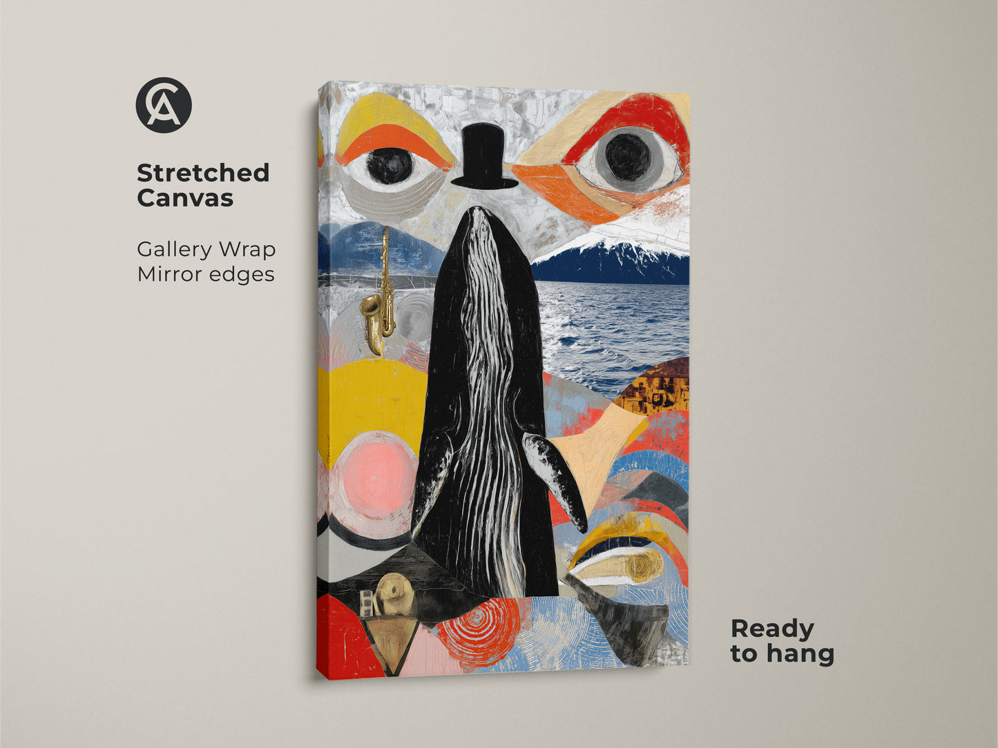 Stretched canvas featuring a surreal whale saxophone art print. This eclectic abstract collage art piece has black red yellow colors. It is ready to hang. Ideal eclectic office decor and a distinctive gift for music lovers. The gallery wrap with mirror edges enhances its artistic appeal.